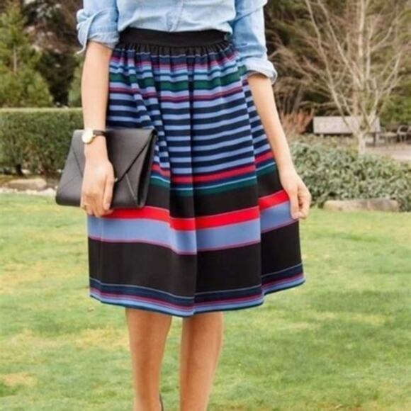 ZARA Striped Blue Jacquard A-Line Midi Skirt XS NWT Classic Pockets High Waist - Picture 3 of 7